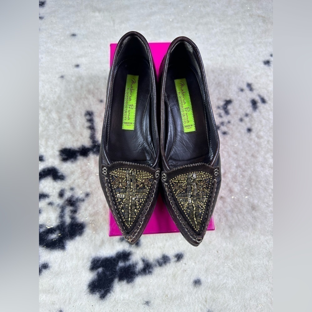 Materia Prima Women's Brown Pointed Toe Beaded Leather Moccasins Size 6.5